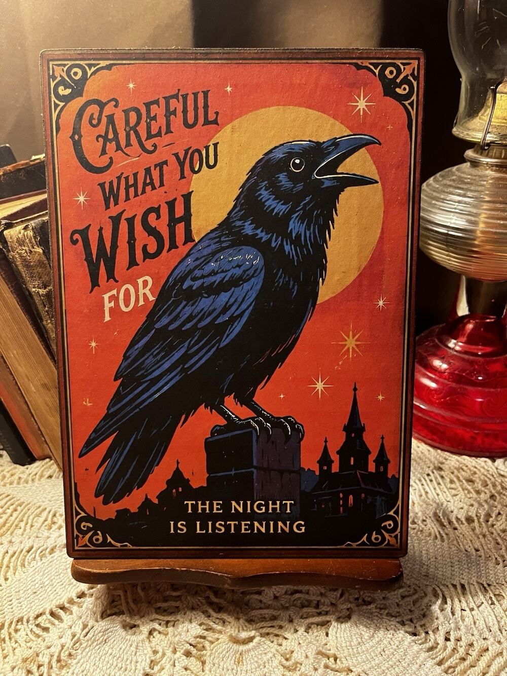 Halloween, Crow, Careful What You Wish, Retro Handcrafted Plaque